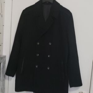 Black long peacoat leather trimming wool blend
